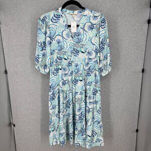 Hope Springs Shell Print Midi Dress Size L Blue White Peasant Tiered Beach NEW
